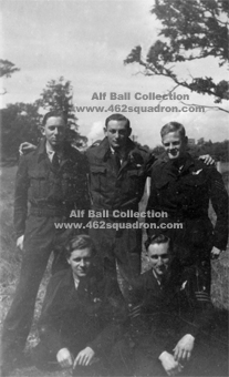 Alfred Desmond John Ball, 427182 RAAF, with crew members Rear Gunner M.J.Hibberd, Navigator N.V.Evans, Mid-Upper Gunner J.M.Tait, Wireless Operator R.R.Taylor, probably at 27 OTU, Church Broughton, August 1944. All were later in 462 Squadron.